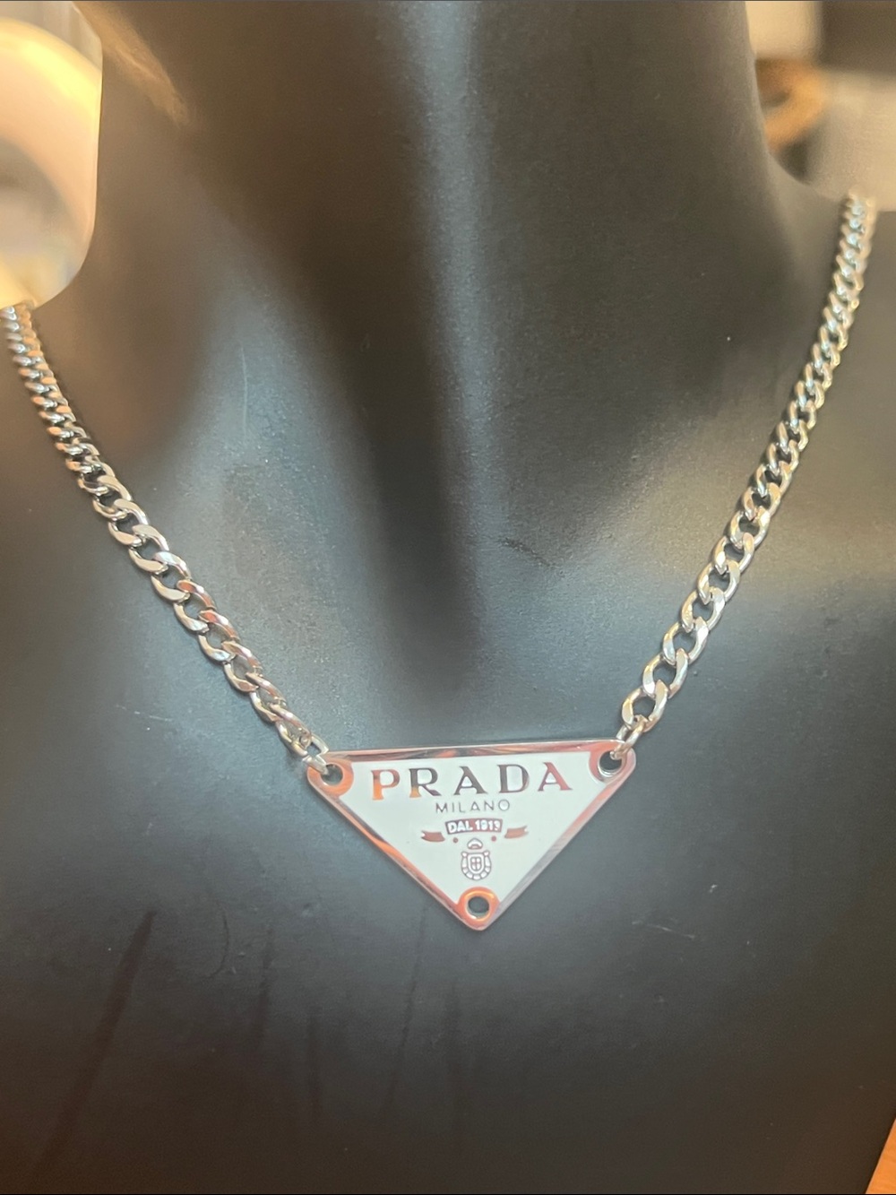 Silver Chain Necklace with White Silver Edged Triangle Logo - Stainless Steel